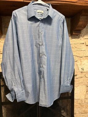 Calvin Klein Light Blue Plaid Dress Shirt, sleeves needs cufflinks